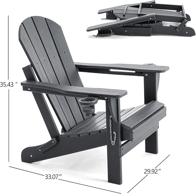 Folding Adirondack Chair, HDPE Outdoor Texture Lawn Chair with Reclining Back, Cup and Phone Holder - Comfortable Firepit Chair Weather Resistant for Patio or Backyard (Grey, Set of 2)