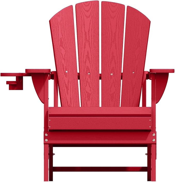 Folding Adirondack Chairs with Cup Holders, Set of 4 HDPE Plastic Outdoor Chairs, Weather Resistant, Real Wood Look, Heavy-Duty Patio Furniture for Deck, Fire Pit, Backyard, Red
