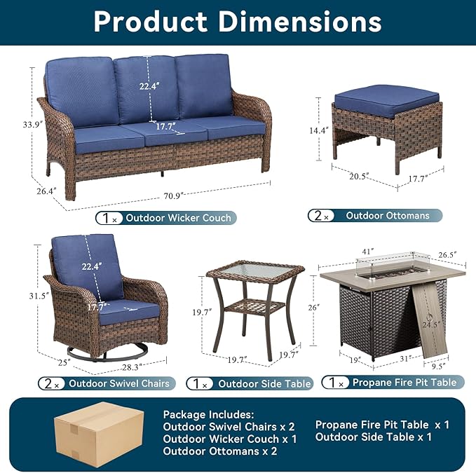 7 Pieces Patio Furniture Set with 42.5" Fire Pit Table-All Weather Wicker Outdoor Furniture with High Back Swivel Patio Chairs Set of 2 Outdoor Couch for Deck Balcony Backyard Brown/Blue