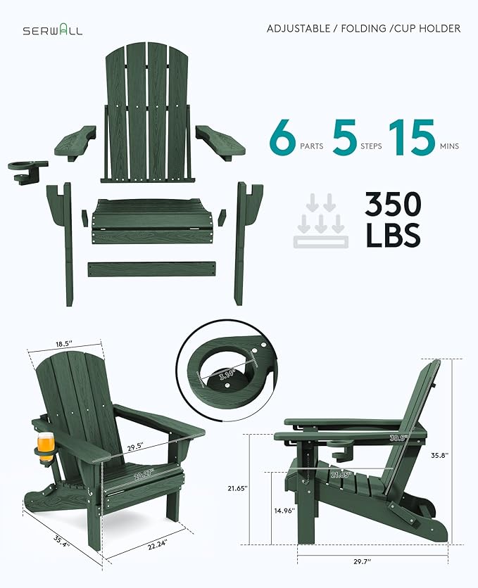 SERWALL Folding Adirondack Chair Set of 6, Reclining Adirondack Chair with 3 Recline Positions, All Weather HDPE Outdoor Adirondack, Green