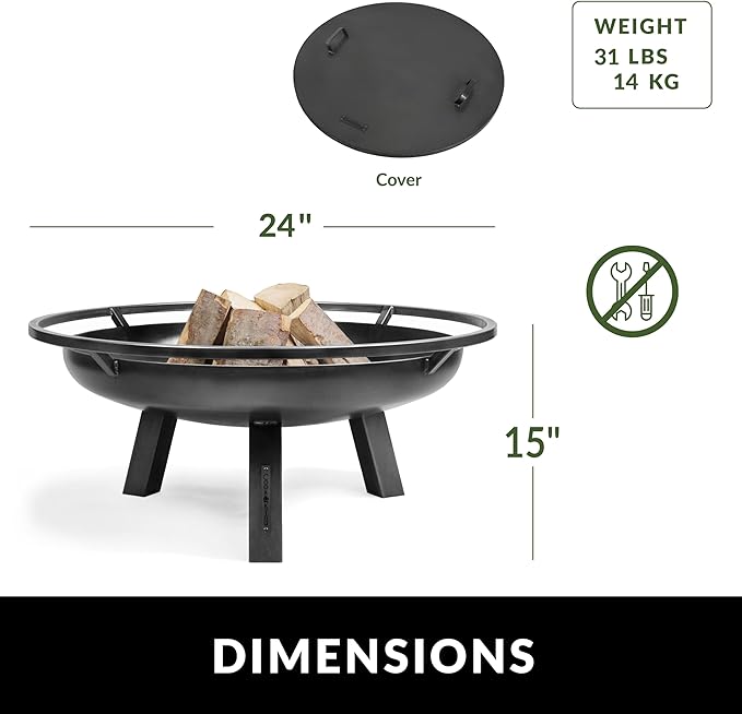 Ember 24" Handcrafted Cooking Fire Pit with Cover Lid Attachment for Wood Burning Fireplace for Backyard Grilling Campfire for Camping, Medium Outdoor Medium Steel Firepit by Good Directions