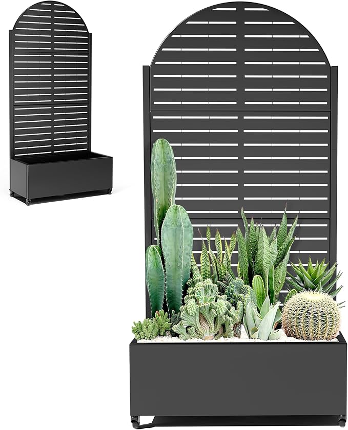 Metal Trellis with Planter Box for Climbing Plants Vegetables, Raised Garden Beds with Privacy Screen & Wheels, Standing Flower Box with Drainage Holes (35" L, Black Arch)