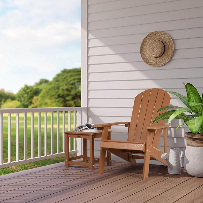 Adirondack Chair, All Weather Resistant Plastic Chairs with Cup Holder, 5 Easy Steps to Install, Outdoor Chairs for Patio, Garden, Backyard Deck, Lawn, Fire Pit - Teak
