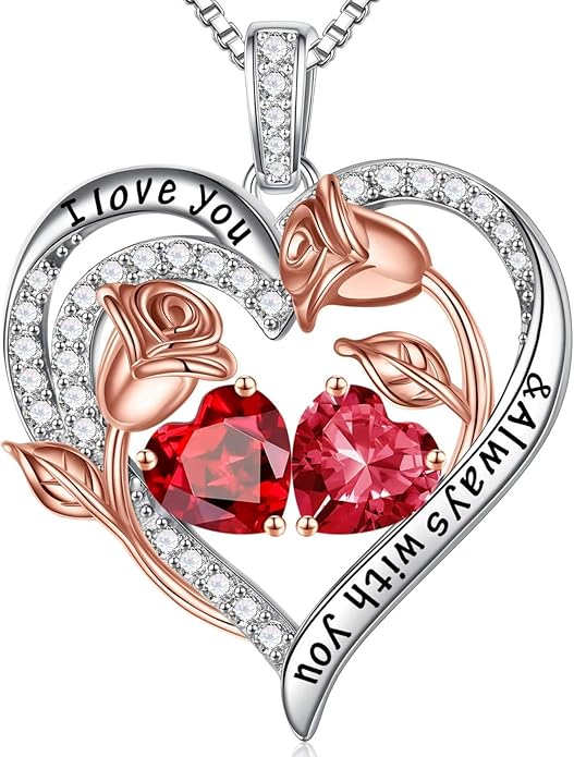Iefil Christmas Gifts for Women Wife - 925 Sterling Silver Rose Heart Birthstone Necklace Birthday Anniversary Jewelry Gifts for Her Wife Mom Daughter