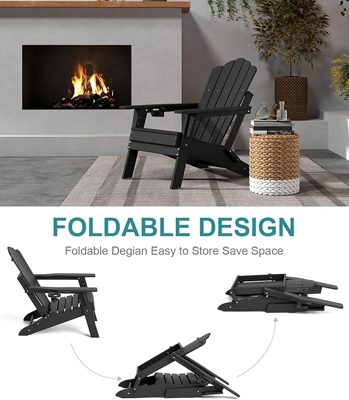 FOOWIN Adirondack Chair Set of 8, Folding Adirondack Chair with Cup Holder, HDPE All-Weather Fire Pit Chair for Patio, Garden, Backyard, Poolside, Black