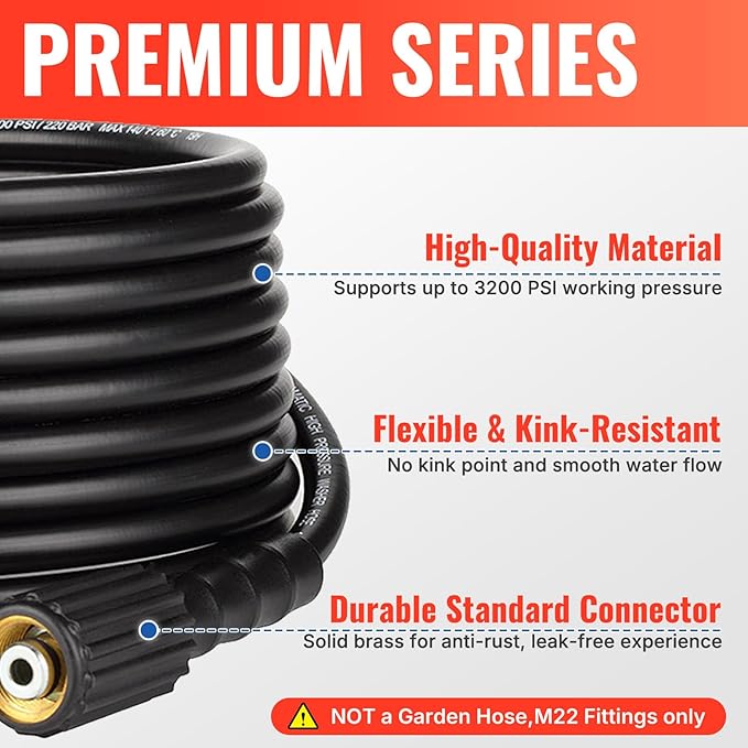 YAMATIC Pressure Washer Hose 50FT 1/4" ID, Standard (2) M22 Brass Fittings, 3200 PSI Kink-Resistant Replacement for Ryobi, Troy Bilt, Greenworks, CRAFTSMAN M22 Threads Power Washers