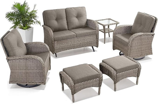 Belord 6 Pieces Wicker Patio Conversation Sets with Outdoor Swivel Rocker Chairs and Loveseat Glider Chair, All-Weather Rattan Furniture Set for Deck Patio Sunroom Backyard