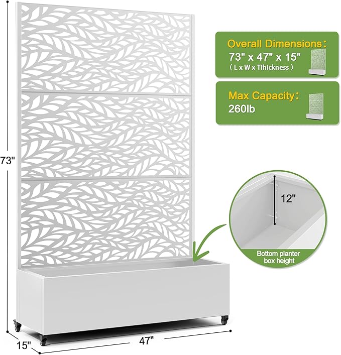 FENCY Metal Raised Garden Bed with Wheels and Trellis,73"x47"x16" Planter Box for Climbing Plants, Vegetables & Vines, Features Privacy Screen and Drainage Holes (White-Leaf)