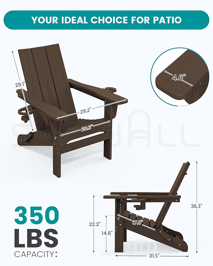 SERWALL Modern Adirondack Chairs, Folding Adirondack Chair with Cup Holders, Outdoor HDPE Adirondack Chair for Patio Lawn Garden, Coffee