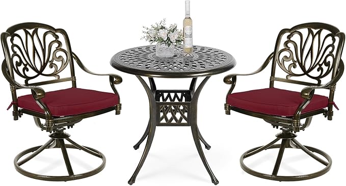 VIVIJASON 3-Piece Patio Furniture Dining Set, Outdoor All-Weather Cast Aluminum Bistro Set, Include 2 Swivel Chairs and 31" Round Table w/Umbrella Hole for Balcony, Lawn, Garden (Red Cushion)