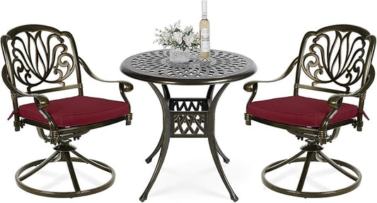 VIVIJASON 3-Piece Patio Furniture Dining Set, Outdoor All-Weather Cast Aluminum Bistro Set, Include 2 Swivel Chairs and 31" Round Table w/Umbrella Hole for Balcony, Lawn, Garden (Red Cushion)