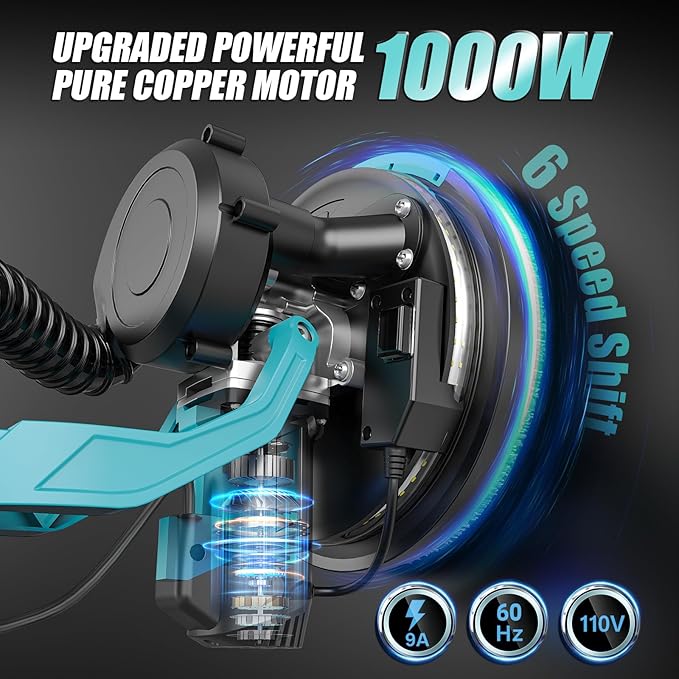 Drywall Sander, 1000W Popcorn Ceiling Removal Tool, Electric Drywall Sander with Vacuum Dust Collection, 30Pcs Sanding Discs, 6 Variable Speed 800-2200RPM, LED Light, Foldable & Extendable Handle