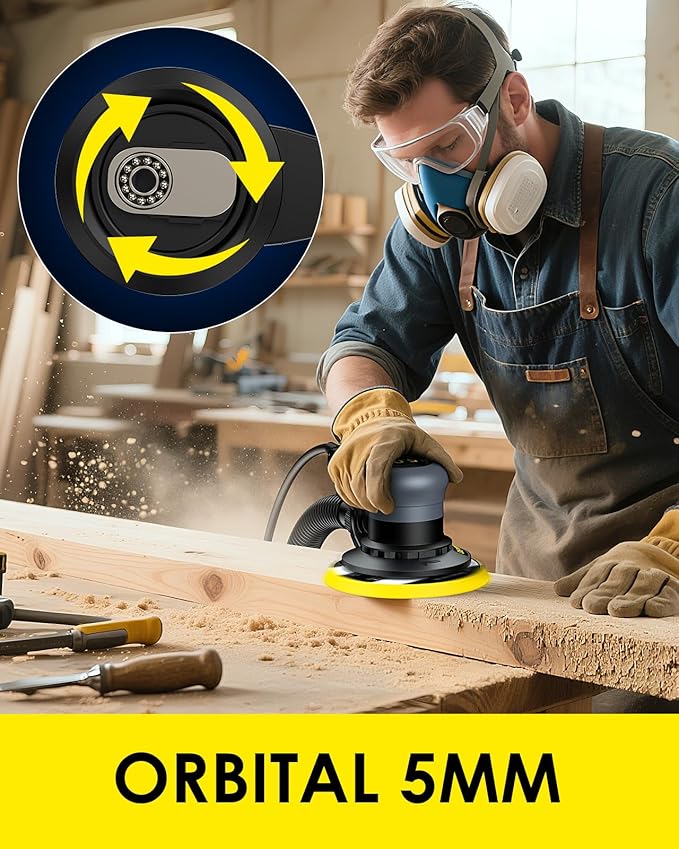 Random Orbital Sanders 5.0mm, 360W Brushless Motor Electric Orbital Sander with 150mm/6IN Backing Plate, 6 Variable Speed to 10000RPM, Hand Sander for Wood Sanding