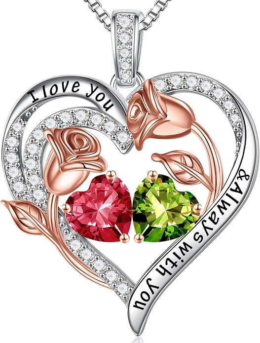Iefil Christmas Gifts for Women Wife - 925 Sterling Silver Rose Heart Birthstone Necklace Birthday Anniversary Jewelry Gifts for Her Wife Mom Daughter