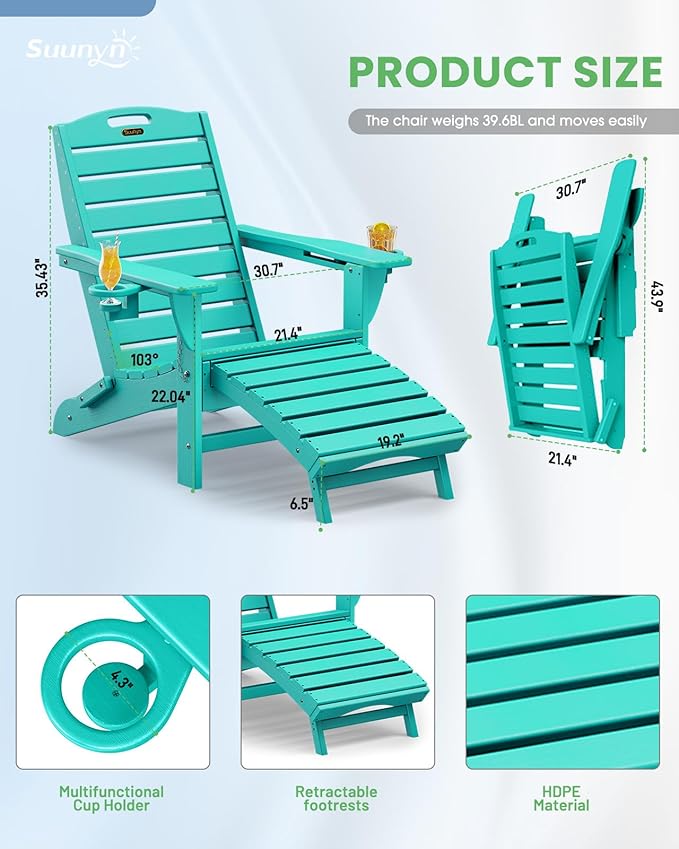Folding Adirondack Chair with Retractable Ottoman Weather Resistant Fire Pit Chair Patio Chair with 2 Cup Holder Lawn Outdoor Lounge Chair (Tiffany Blue)