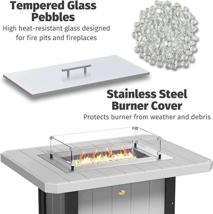LuxCraft 51" Lumin Rectangular Gas Propane Fire Pit Table for Outdoor Patio with Tempered Glass Wind Guard and Stainless Steel Burner Cover - Amish Made in USA (Weatherwood & Black)