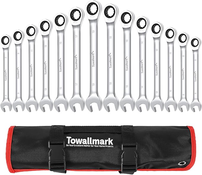 14pcs Swivel Head Ratcheting Wrench Set, Metric 6-19mm, Fixed Head Chrome Vanadium Steel Spanners with Carrying Bag for Automotive, Home, and Workshop Use