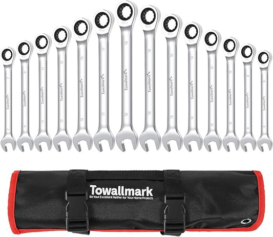 14pcs Swivel Head Ratcheting Wrench Set, Metric 6-19mm, Fixed Head Chrome Vanadium Steel Spanners with Carrying Bag for Automotive, Home, and Workshop Use