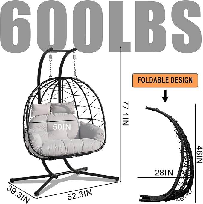 Double Hammock Egg Chair 2 Person Egg Chair Indoor Outdoor Swing with Stand Patio Wicker Hanging Chair Widened and Enlarged for Balcony Bedroom Porch Adults Kids