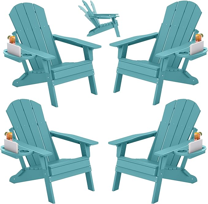 FOOWIN Folding Adjustable Adirondack Chair Set of 4,HDPE Adirondack Chair w/4 in 1 Cup Holder Trays,All-Weather Resistant Fire Pit Chair, Outdoor Chair for Patio Lawn Poolside,400lbs,Lake Blue