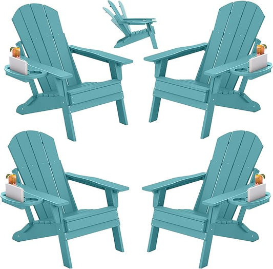 FOOWIN Folding Adjustable Adirondack Chair Set of 4,HDPE Adirondack Chair w/4 in 1 Cup Holder Trays,All-Weather Resistant Fire Pit Chair, Outdoor Chair for Patio Lawn Poolside,400lbs,Lake Blue