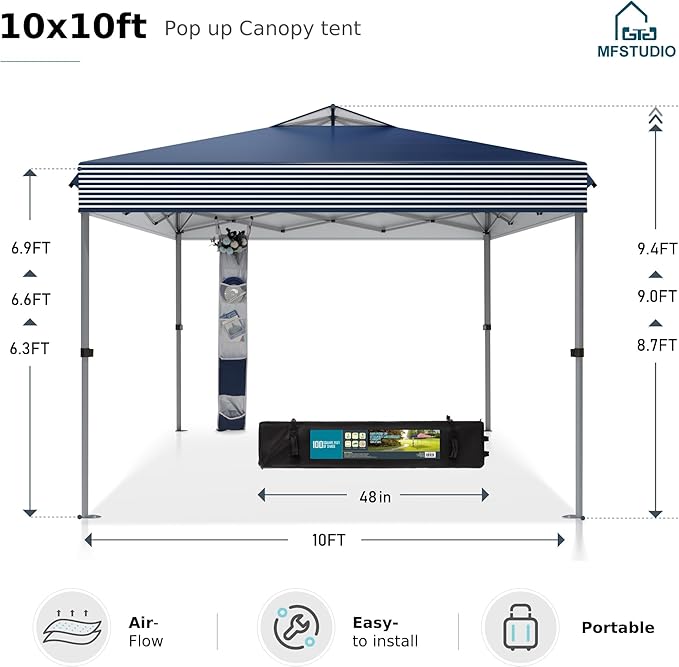 MFSTUDIO Pop Up Canopy Tent, 10x10 Outdoor Canopies One Person Push Set Up Tent Instant Portable Shelter Tents with Vented Top, Storage, 4 Sandbags, Beach Canopy,Blue Stripe