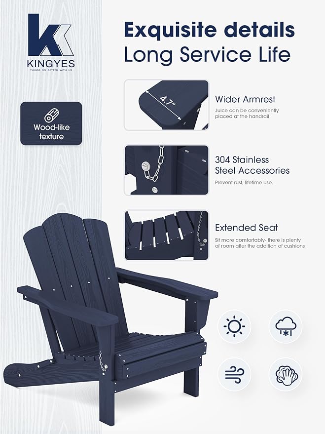 KINGYES Folding Adirondack Chair Set of 6, HDPE All-Weather Adirondack Chair, Navy Blue