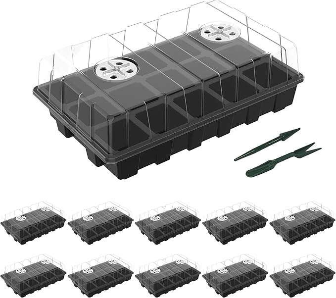 Gardzen 10-Pack Seed Starter Kits, Reusable Plant Germination Trays with Total 150-Cell, Seed Starter Tray with Humidity Vented Domes and Bases for Starting Vegetable Flower Herb Seeds 15" x 9"