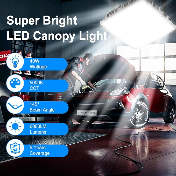 40W LED Canopy Light, 6000LM LED Canopy Lights Outdoor, IP65 Waterproof Canopy Light for Gas Station Industrial Lighting Garage Barn Shop Carport Warehouse Building Entrance UL Listed, 1 Pack