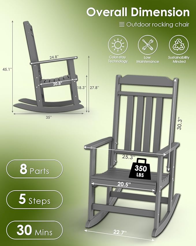 GREENVINES Outdoor-Rocking-Chairs-Set-of-2 | HDPE Plastic | Patio Rockers | Porch Rocker Chair | Oversized | High Back | Big & Tall | Grey