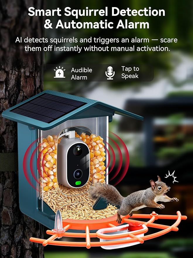 2.5K Smart Bird Feeder with Camera Solar Powered, AI Bird Species Identification, Auto Squirrel Deterrent, Real-Time Video Notifications, Weatherproof, Ideal Gift for Family and BirdLovers, Navy Blue