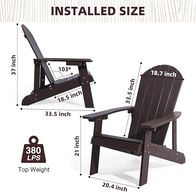 Adirondack Chairs Set of 2, All Weather Resistant Plastic Chairs with Cup Holder, 5 Easy Steps to Install, Outdoor Chairs for Patio, Garden, Backyard Deck, Lawn, Fire Pit - Brown
