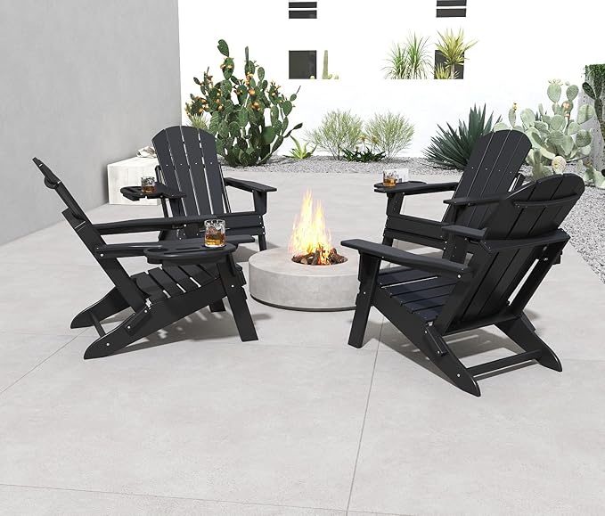 FOOWIN Folding Adjustable Adirondack Chair Set of 4,HDPE Adirondack Chair w/4 in 1 Cup Holder Trays,All-Weather Resistant Fire Pit Chair, Outdoor Chair for Patio Lawn Poolside,400lbs,Black