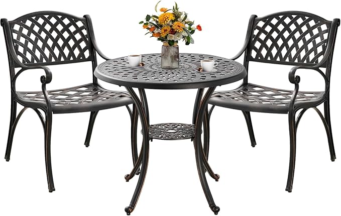 3 Piece Outdoor Dining Set,Cast Aluminum Bistro Set with Umbrella Hole, All Weather Patio Furniture Set, Small Patio Dining Set for Garden/Balcony/Deck, Bronze (Woven Backrest)