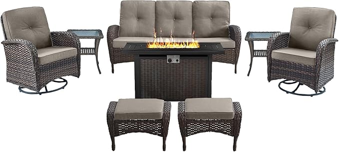 Belord 8 Piece Patio Furniture Set with 50000 BTU Propane Fire Pit Table, Outdoor Conversation Set with 2 Swivel Rocker Chairs Wicker Sofa and Ottomans for Casual Gatherings Grey