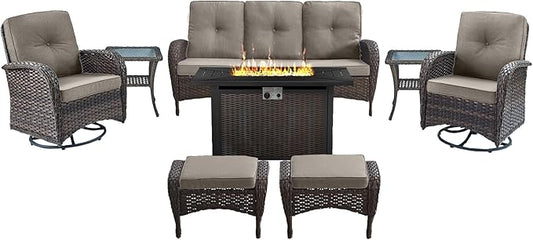 Belord 8 Piece Patio Furniture Set with 50000 BTU Propane Fire Pit Table, Outdoor Conversation Set with 2 Swivel Rocker Chairs Wicker Sofa and Ottomans for Casual Gatherings Grey