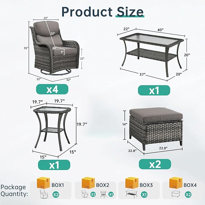 Outdoor Swivel Rocker Patio Chairs Set of 4 with Coffee Table - 5" Thick Cushion 8 Piece Furniture Set All Weather Comfortable Wicker Conversation Set for Porch Deck - Gray/Gray