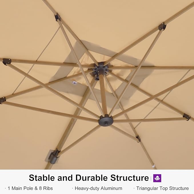 PURPLE LEAF 10' x 13' Rectangle Patio Cantilever Umbrella With Furniture Sofa Sets Large Hanging Umbrella Teak Finished Aluminum Frame Windproof Offset Outdoor Sun Umbrellas for Beach Pool Deck, Beige