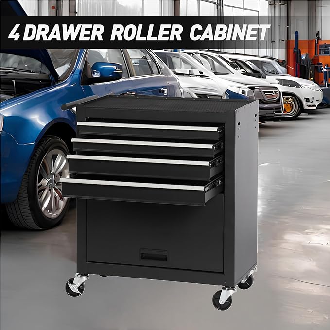 4 Drawers Tool Cart on Wheels, Multifunctional Rolling Storage Tool Chest, Drawers Rolling Toolboxes Organizer Tool Case for Garage,Warehouse,Workshop,Repair Shop (4 Drawers 1 Cabinet - Black)