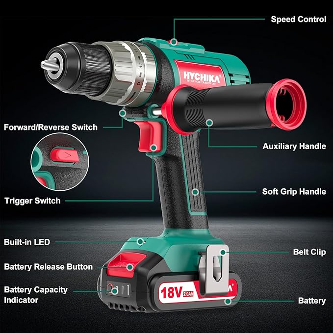 Cordless Hammer Drill Driver 18V, HYCHIKA 400 In-lbs Torque Power Drill with Auxiliary Handle, 1/2” Metal Chuck, 2.0Ah Battery, 1H Fast Charger, 21+3 Clutch, LED Light for Drilling Wood Metal Wall
