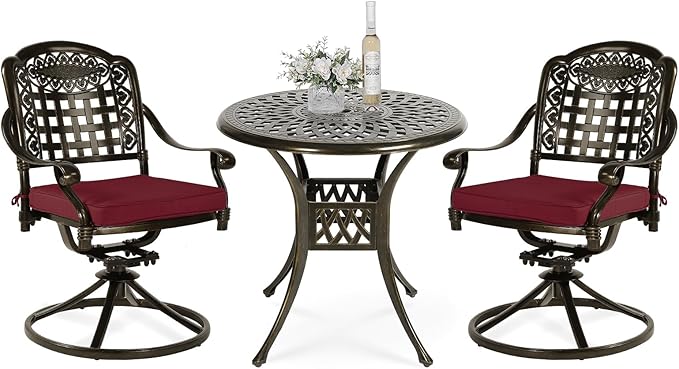 VIVIJASON 3-Piece Patio Bistro Set, Outdoor All-Weather Cast Aluminum Furniture Dining Set, Include 2 Swivel Chairs and 31" Round Table w/Umbrella Hole for Balcony, Lawn, Garden (Red Cushion)