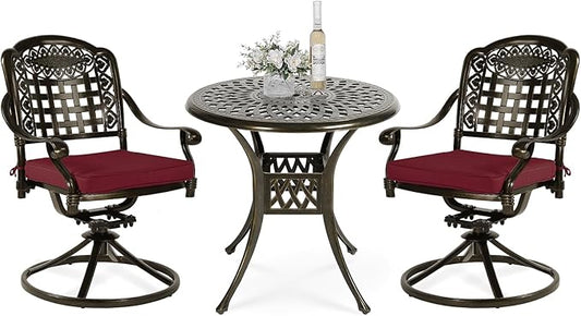 VIVIJASON 3-Piece Patio Bistro Set, Outdoor All-Weather Cast Aluminum Furniture Dining Set, Include 2 Swivel Chairs and 31" Round Table w/Umbrella Hole for Balcony, Lawn, Garden (Red Cushion)