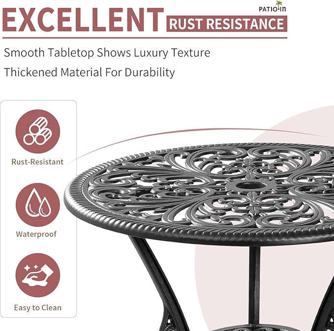 3 Piece Patio Bistro Set, Cast Aluminum Bistro Table and Chairs Set of 2 with 1.97" Umbrella Hole, All Weather Bistro Table Set Outdoor Patio Furniture for Garden, Backyard, Pool