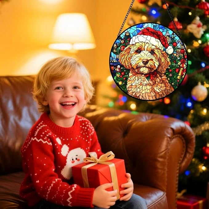 Stained Glass Window Hanging - Christmas Tree and A Dog Wearing a Xmas Hat Suncatcher fof Garden Home Decor for Women Mon Grandma Friends