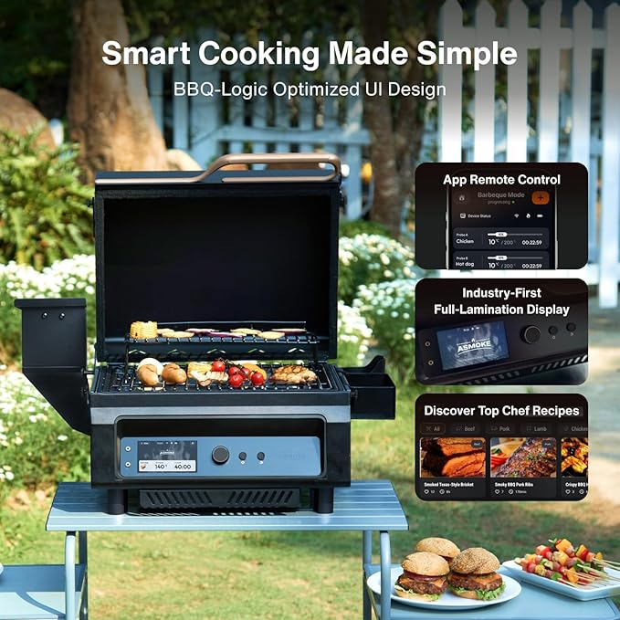 ASMOKE Essential V2 - Smart Portable Wood Pellet Grill & Smoker with 5" LCD Screen, 8-in-1 Grill,8H Battery, Effortless Cleaning, Wi-Fi Smart Control, 271 sq.in,Fit for Family BBQ & Outdoor Cooking