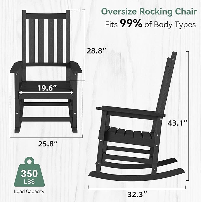 HDPE Outdoor Rocking Chair Set of 2, Oversized Rocking Chairs with Widened Seats & High Backs (2, Black)