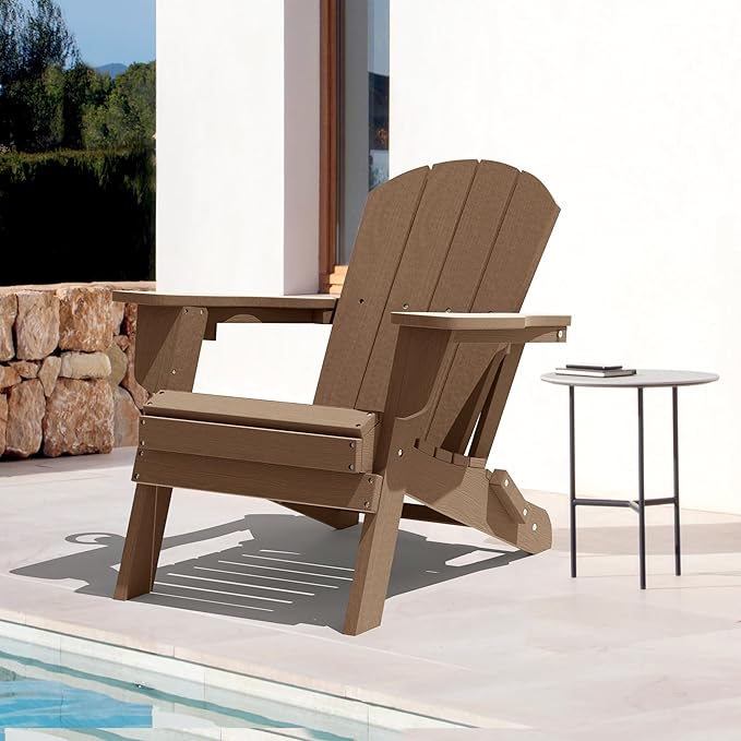 LOUNZY Folding Adirondack Chairs Set of 2, HDPE All-Weather Folding Adirondack Chair with Cup Holders, Outdoor Patio Adirondack Chair for Deck Lawn Fire Pit, Brown