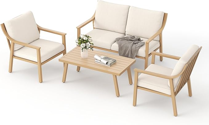 Patio Conversation Sets 4 Pieces - Aluminum Loveseat Outdoor Furniture Sets with Thick Cushion, Coffee Table and Chairs Set of 2, Rustproof and Waterproof for Porch Deck Yard, Beige