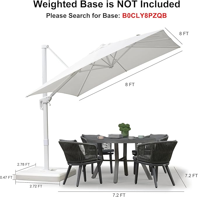 PURPLE LEAF 8 FT Patio Umbrella White Cantilever Umbrella Aluminum Square Outdoor Offset Umbrella Hanging Windproof with 360° Rotation for Garden Deck Pool, White