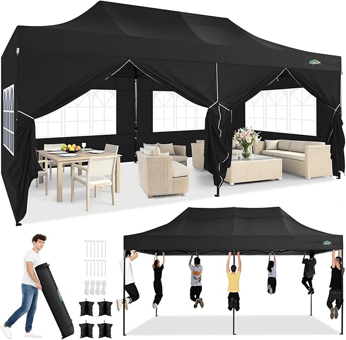 COBIZI 10x20 Heavy Duty Pop up Canopy with 6 Sidewalls, Easy Set-up Commercial Outdoor Party Tent, 100% Waterproof Tent for Parties Weddings Events, Gazebo with Wheeled Bag, Black